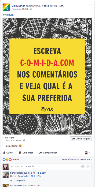 Na imagem, o post do Vix Mulher sobre o c-o-m-i-d-a.com.
