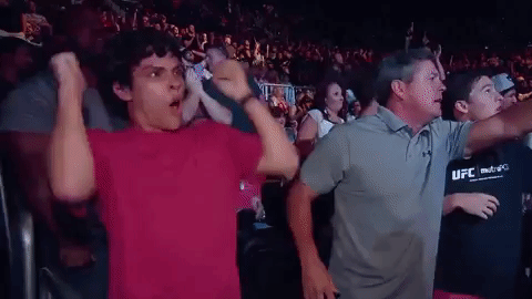 Na imagem, um espectador eufórico assiste ao UFC e à luta entre SEO e Adwords.